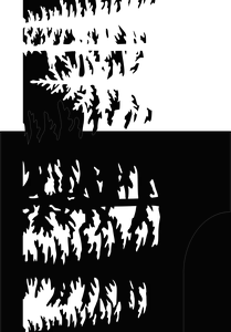 A black steel fire pit with intricate laser-cut designs depicting a forest scene with tall pine trees. The fire pit is circular and made from sturdy 14-gauge steel, showcasing detailed precision-cut patterns that create a silhouette effect against a light background.